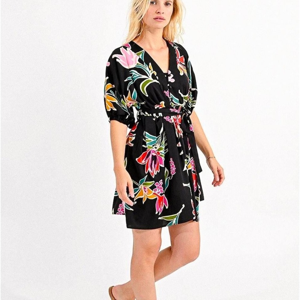 Molly Bracken Tropical Floral Button Front Mini Dress Black V-Neck Puff Sleeve S
